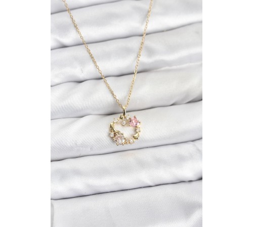 316L Çelik Zincir Gold Renk Pembe Taş Detaylı Çelenk Model Kadın Kolye