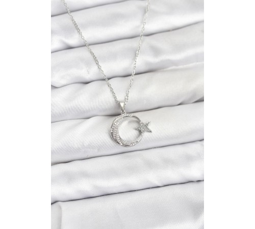 316L Çelik Zincir Gümüş Renk Ay Yıldız Model Zirkon Taşlı Kadın Kolye