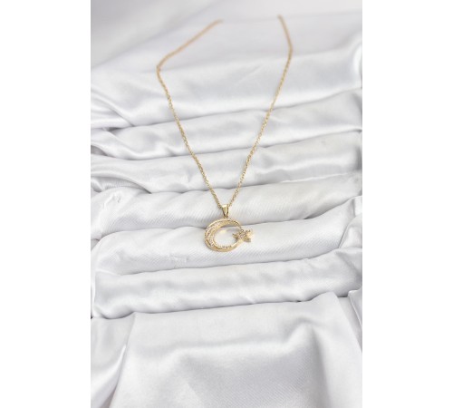 316L Çelik Zincir Gold Renk Ay Yıldız Model Zirkon Taşlı Kadın Kolye