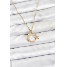 316L Çelik Zincir Gold Renk Ay Yıldız Model Zirkon Taşlı Kadın Kolye
