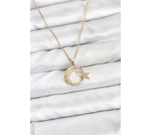 316L Çelik Zincir Gold Renk Ay Yıldız Model Zirkon Taşlı Kadın Kolye
