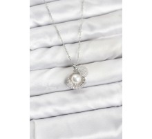 316L Çelik Zincir Gümüş Renk İncili Deniz Kabuğu Model Zirkon Taşlı Kadın Kolye