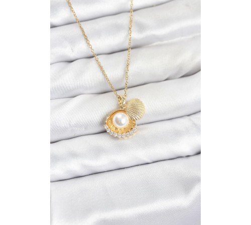 316L Çelik Zincir Gold Renk İncili Deniz Kabuğu Model Zirkon Taşlı Kadın Kolye