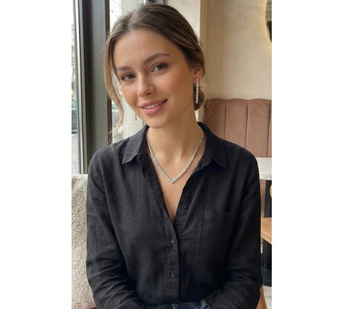 Gümüş Renk Zirkon Taşlı Kadın Kolye Küpe Seti