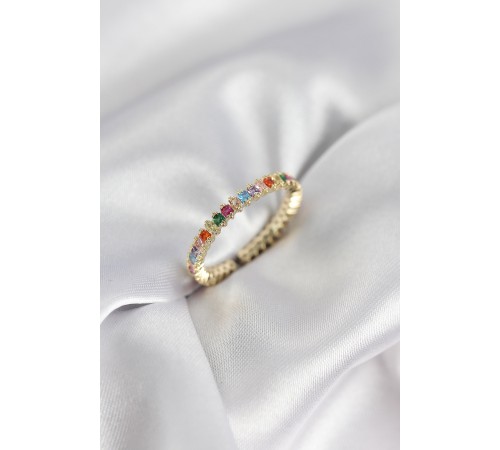 Sıralı Karışık Renkli Gold Renk Zirkon Taşlı Kadın Yüzük