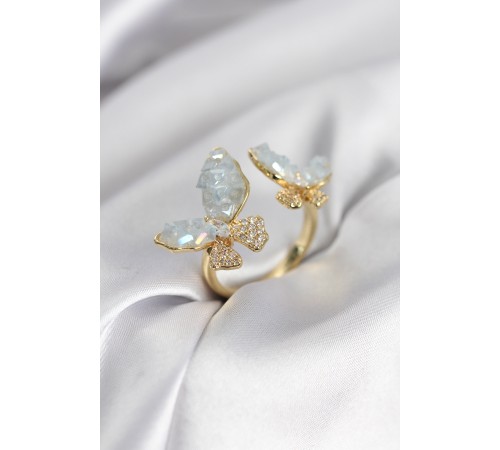 Gold Renk Mavi Kelebek Model Zirkon Taşlı Kadın Yüzük