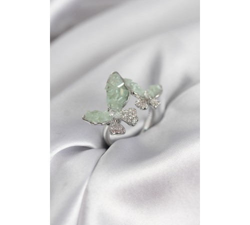 Gümüş Renk Su Yeşili Kelebek Model Zirkon Taşlı Kadın Yüzük