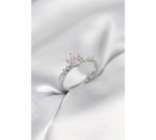 Gümüş Renk Pembe Tek Taş Model Zirkon Taşlı Kadın Yüzük