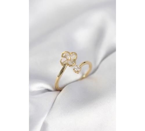 Gold Renk Zirkon Taşlı Yonca Model Kadın Yüzük