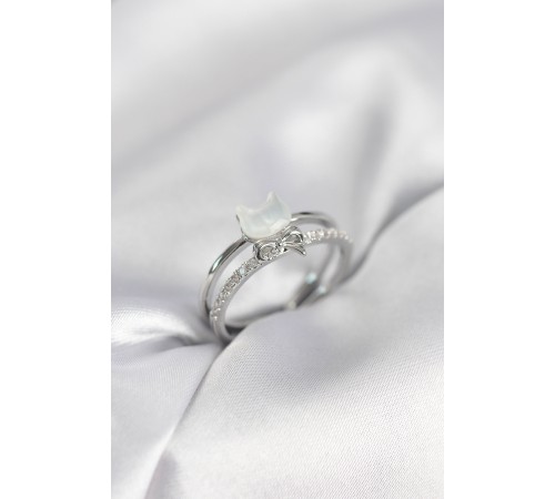 Gümüş Renk Sedefli Kedi Model Fiyonklu Zirkon Taşlı Kadın Yüzük