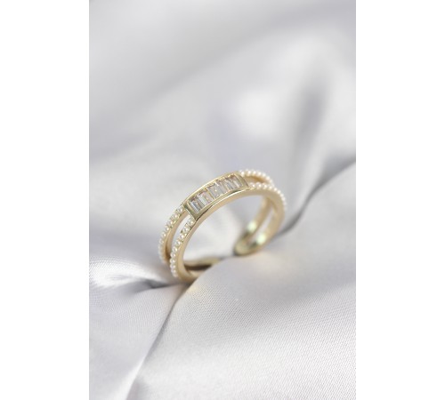 Baget Zirkon Taşlı Gold Renk İncili Kadın Yüzük