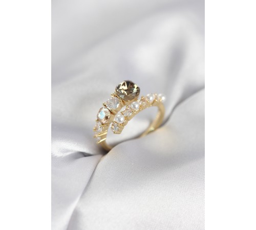 Gold Renk Pirinç Zirkon Taşlı İncili Kadın Yüzük