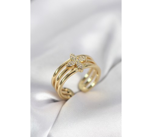 Gold Renk Zirkon Taşlı Yonca Model Kadın Yüzük