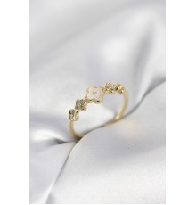 Gold Renk Minimal Yonca ve Zirkon Taşlı Kadın Yüzük