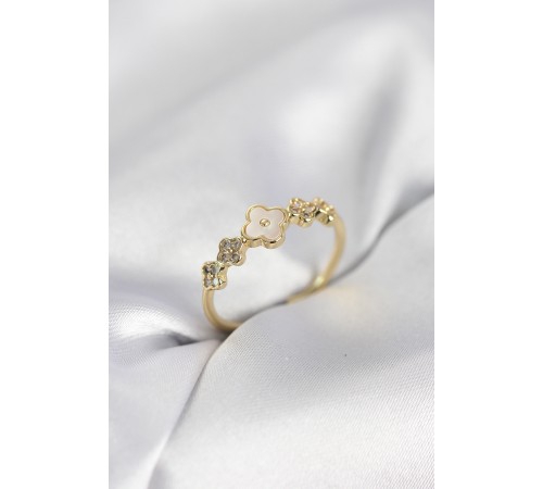 Gold Renk Minimal Yonca ve Zirkon Taşlı Kadın Yüzük