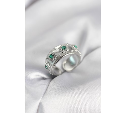 Yeşil Zirkon Taşlı Gümüş Renk Vintage Kadın Yüzük