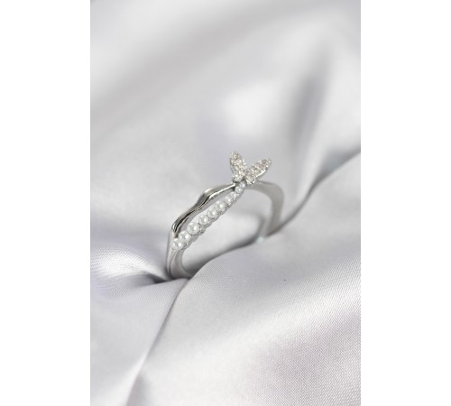 Gümüş Renk Kuyruklu Kelebek Model İncili Kadın Yüzük