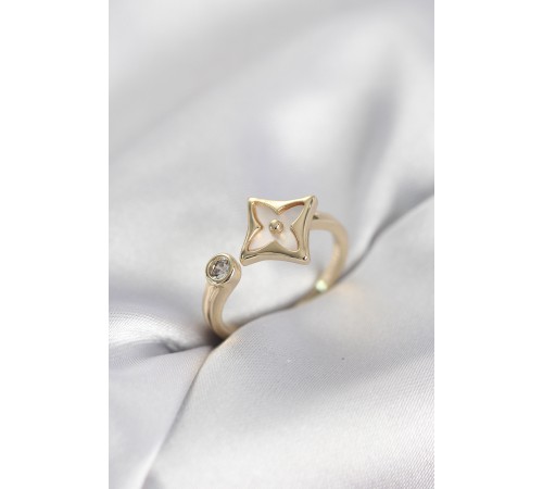 Gold Renk Köşeli Yonca Model Zirkon Taşlı Kadın Yüzük