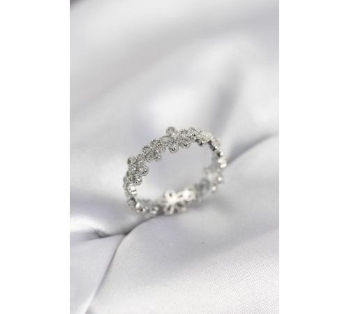 Gümüş Renk Sıralı Çiçek Model Zirkon Taşlı Kadın Yüzük