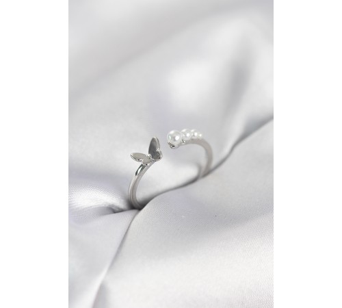 İncili Kelebek Model Gümüş Renk Pirinç Kadın Yüzük