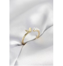 İncili Kelebek Model Gold Renk Pirinç Kadın Yüzük