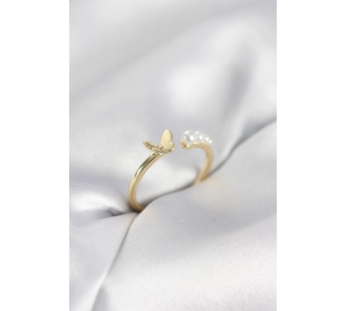 İncili Kelebek Model Gold Renk Pirinç Kadın Yüzük