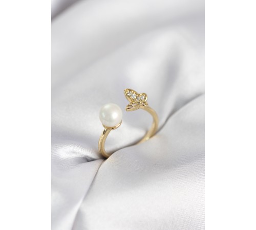 Kelebek İncili Model Gold Renk Zirkon Taşlı Kadın Yüzük