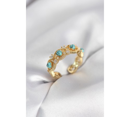 Mavi Taşlı Gold Renk Vintage Kadın Yüzük