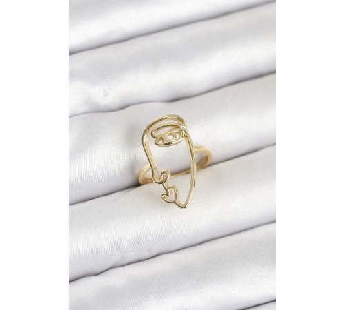 Pirinç Gold Renk Picasso Tarzı Tek Çizgi Yüz Model Kadın Yüzük