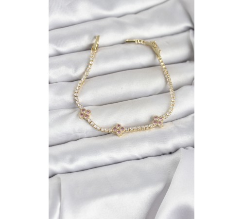 Pembe Yonca Detaylı Zirkon Taşlı Gold Renk Pirinç Su Yolu Kadın Bileklik