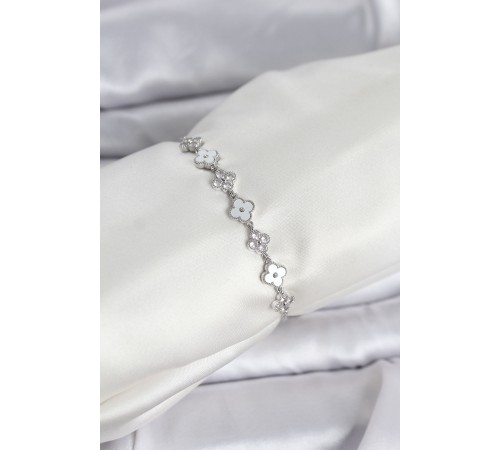 Gümüş Renk Zirkon Taşlı Sıralı Yonca Model Asansörlü Kadın Bileklik