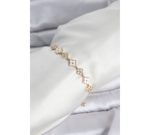 Gold Renk Zirkon Taşlı Sıralı Yonca Model Asansörlü Kadın Bileklik