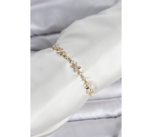 Gold Renk Yonca Model Zirkon Taşlı Asansörlü Kadın Bileklik