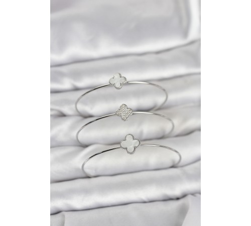 Gümüş Renk Yonca Model Zirkon Taşlı 3'lü Kadın Bileklik Kombini