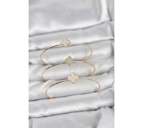 Gold Renk Yonca Model Zirkon Taşlı 3'lü Kadın Bileklik Kombini