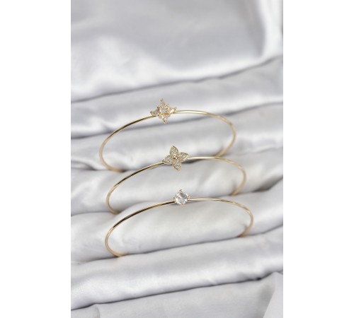 Zirkon Taşlı Gold Renk Yonca Model 3'lü Kadın Bileklik Kombini