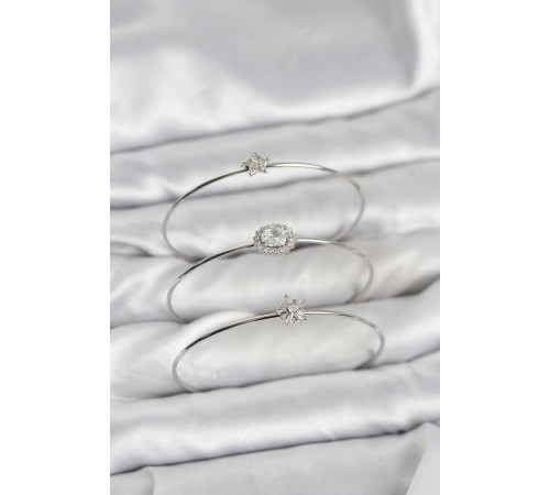 Zirkon Taşlı Gümüş Renk Tek Taş Model 3'lü Kadın Bileklik Kombini