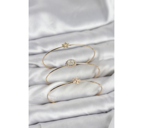 Zirkon Taşlı Gold Renk Tek Taş Model 3'lü Kadın Bileklik Kombini