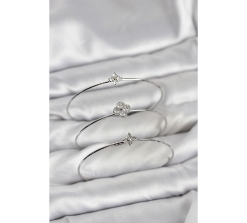 Zirkon Taşlı Gümüş Renk Yonca Tasarım 3'lü Kadın Bileklik Kombini