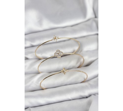 Zirkon Taşlı Gold Renk Yonca Tasarım 3'lü Kadın Bileklik Kombini