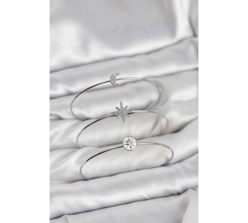 Gümüş Renk Zirkon Taşlı Kutup Yıldızı Model 3'lü Kadın Bileklik Kombini
