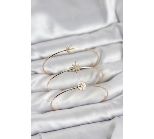 Gold Renk Zirkon Taşlı Kutup Yıldızı Model 3'lü Kadın Bileklik Kombini