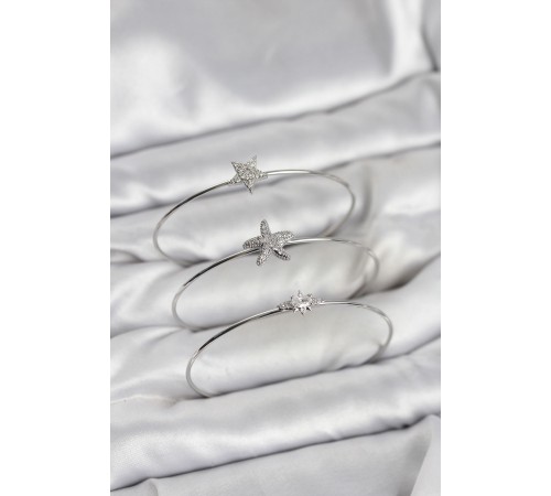 Gümüş Renk Zirkon Taşlı Deniz Yıldızı Model 3'lü Kadın Bileklik Kombini