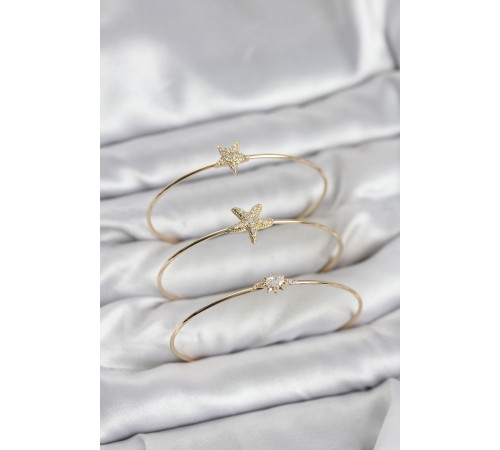 Gold Renk Zirkon Taşlı Deniz Yıldızı Model 3'lü Kadın Bileklik Kombini