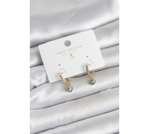 Minimal Nazarlı Model Gold Renk Zirkon Taşlı Kadın Küpe