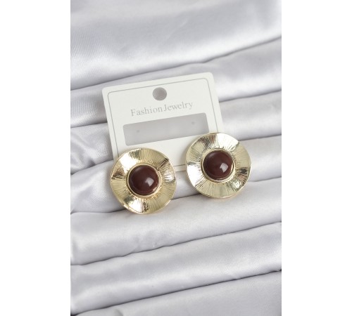 Vintage Model Kahverengi Gold Renk Pirinç Kadın Küpe