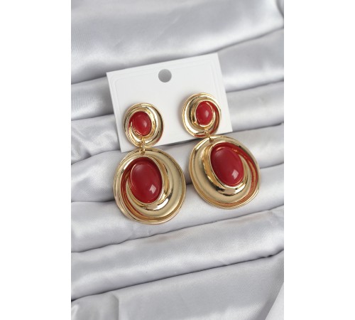 Kırmızı Sallantılı Damla Model Gold Renk Vintage Kadın Küpe