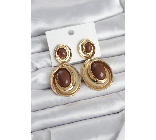 Kahverengi Sallantılı Damla Model Gold Renk Vintage Kadın Küpe