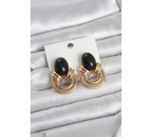 Pirinç Gold Renk Siyah Taşlı Vintage Kadın Küpe