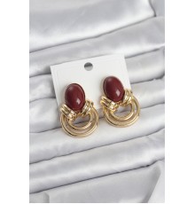Pirinç Gold Renk Bordo Taşlı Vintage Kadın Küpe